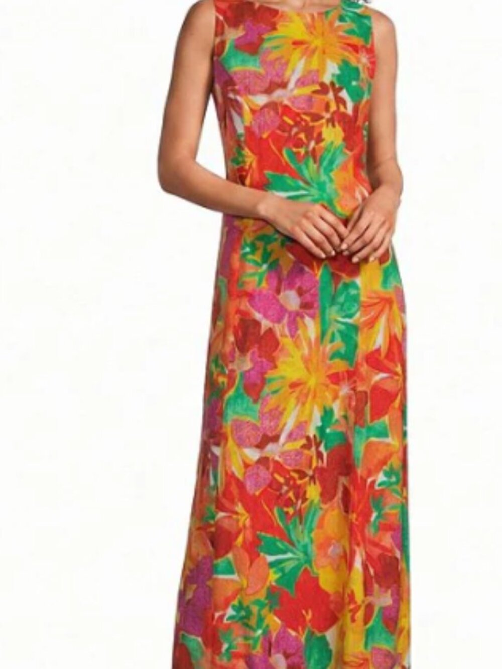 Investments Petite Size Layered Tropics Print Linen Blend Sleeveless Crew Neck M